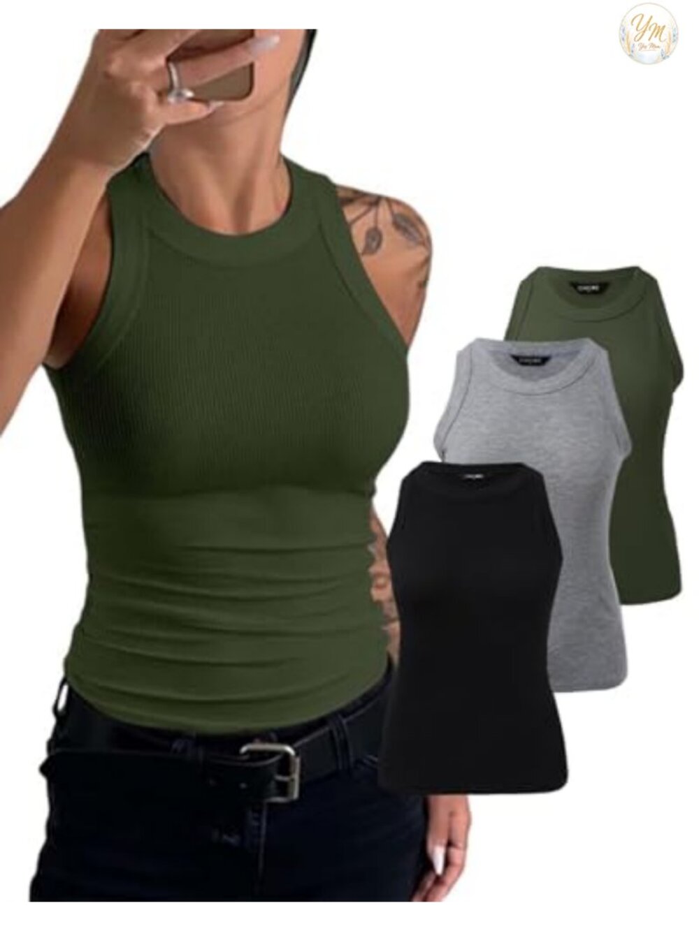 3 Pack Ribbed Racerback Tank Tops Sleeveless Cami Shirts Women's Stretch Knit